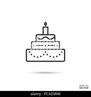 Gâteau d'anniversaire avec une bougie sur l'icône de la ligne du vecteur. Aliment sucré symbole. Illustration de Vecteur