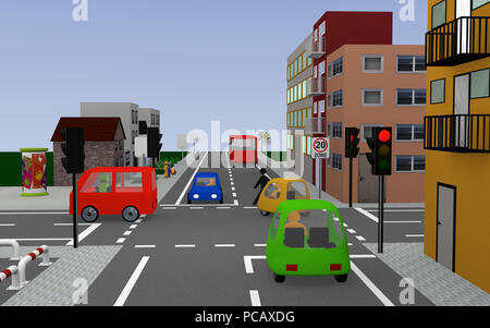 Route avec le feu rouge et les signes, school bus stop avec texte allemand : Schullbus en semaine, d'une zone 20 et de fin de la zone 20. Le rendu 3D Banque D'Images