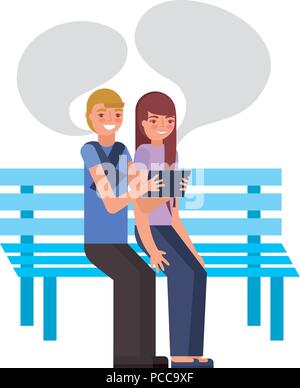 Faire parler couple sitting on bench selfies vector illustration Illustration de Vecteur