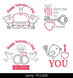 Jeu de carte de voeux de la Saint-Valentin. Fine ligne éléments célébration icône. Vector illustration. Jeu de la Saint-Valentin typographie design. Illustration de Vecteur