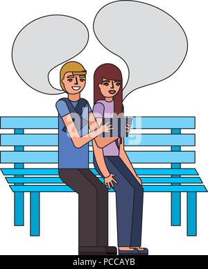 Faire parler couple sitting on bench selfies vector illustration Illustration de Vecteur