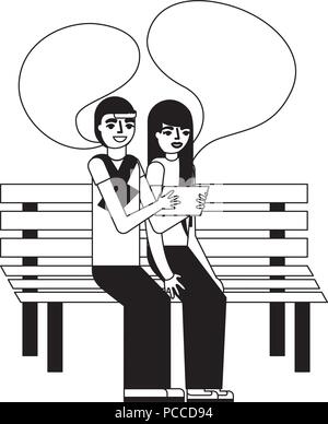 Faire parler couple sitting on bench selfies monochrome d'illustration vectorielle Illustration de Vecteur