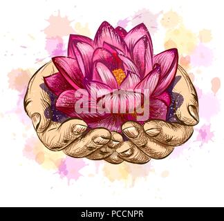 Femme tenant une fleur de lotus Illustration de Vecteur