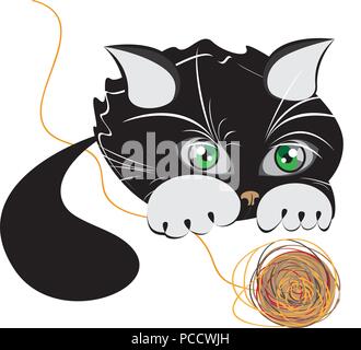 Petit chaton noir jouant avec une pelote de laine Illustration de Vecteur