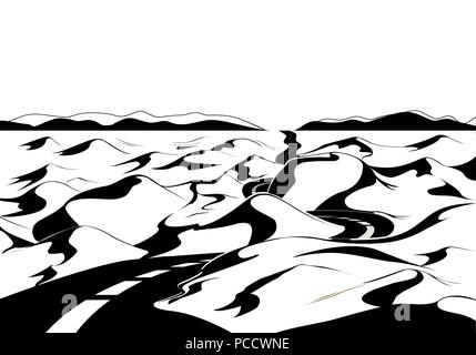 Route à travers le désert. Caricature du paysage. Vector illustration, noir et blanc Illustration de Vecteur