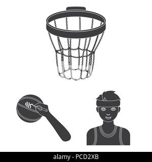 Le basket-ball et les attributs des icônes noires dans set collection pour design.joueur de basket-ball et un vecteur d'équipement stock symbol illustration. Illustration de Vecteur