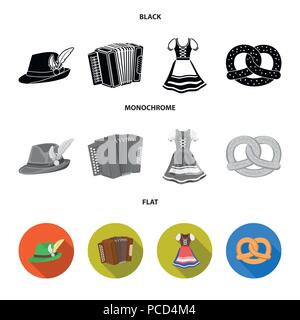 Chapeau tyrolien, accordéon, robe, bretzel. Oktoberfestset icônes collection en noir, plat, style monochrome symbole vecteur illustration de stock . Illustration de Vecteur