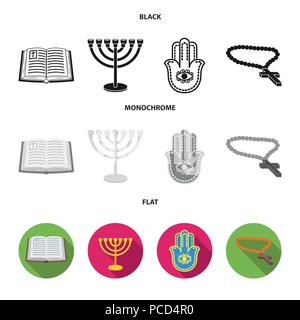 Bible, menorah, croix orthodoxe, hamsa.Religion set icônes collection en noir, plat, style monochrome symbole vecteur illustration de stock . Illustration de Vecteur