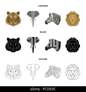 Tigre, lion, éléphant, zèbre, animaux réalistes collection set icônes de cartoon,Black,style Contour Symbole vecteur illustration de stock . Illustration de Vecteur