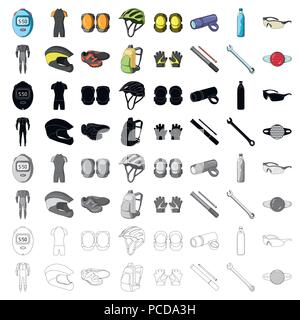 Gants, combinaison, casque, chaussures et autres équipements. Tenue cycliste collection set icônes de style cartoon vector illustration stock symbol . Illustration de Vecteur