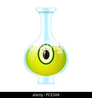 Jaune naturel de l'huile d'olive avec bouteille en verre. L'huile extra vierge et de l'étiquette de l'emballage. Illustration de Vecteur