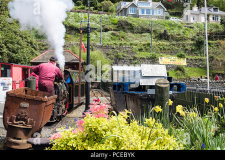 Grande Mine Laxey steam railway train en gare à Laxey Valley Gardens. Laxey, Île de Man, îles britanniques Banque D'Images