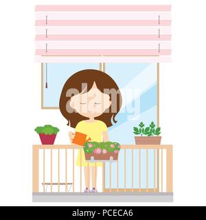 Jeune femme debout sur un balcon tenant une cruche dans sa main et arrosage des fleurs dans un pot, et les stores de fenêtre à l'arrière-plan - vector Illustration de Vecteur