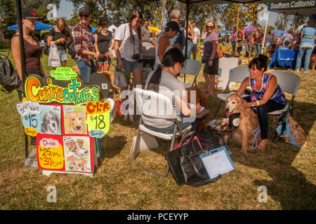 Les propriétaires de chiens Golden Retriever multiraciale apporter leurs animaux domestiques à un chien de l'artiste portrait studio extérieur dans un Huntington Beach, CA, parc lors d'un festival de chien. (Photo par Spencer Grant) Banque D'Images