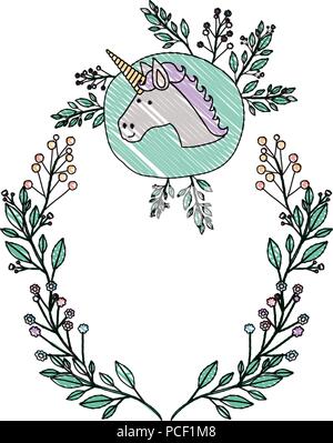 Couronne de fleurs avec unicorn moulures décoratives Illustration de Vecteur