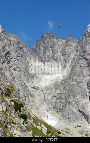 Paysage de montagne et du téléphérique rouge jusqu'à la cabine Lomnicky Smith dans les Hautes Tatras en Slovaquie, l'été. Banque D'Images