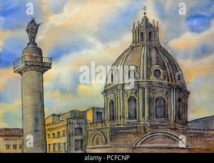 Aquarelle de la colonne de Trajan (Colonna Traiana) à Rome, Italie Banque D'Images