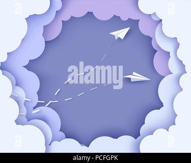 Avions en papier vol sur nuages de fond. Modèle de coupe de papier. Vector illustration. Modèle de coupe de papier. Vector illustration Illustration de Vecteur