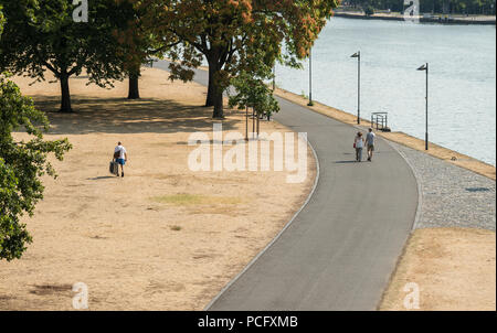 Frankfurt am Main, Allemagne. 09Th Aug 2018. Les piétons passent par de l'herbe sèche à côté de la rivière Main. Credit : Silas Stein/dpa/Alamy Live News Banque D'Images