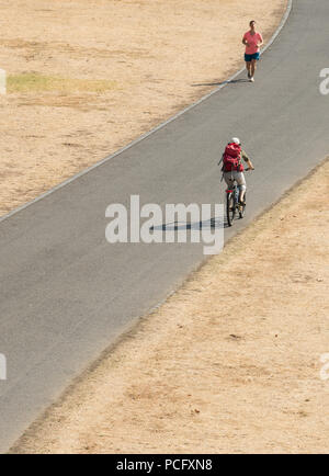 Frankfurt am Main, Allemagne. 09Th Aug 2018. Un cycliste et un jogger passer par de l'herbe sèche à côté de la rivière Main. Credit : Silas Stein/dpa/Alamy Live News Banque D'Images