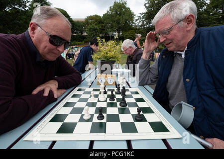 Edinburgh, Ecosse, Royaume-Uni. 2 Août, 2108. Les échecs en cafe dans les jardins de Princes Street. James Ferguson (à gauche) et Dennis Anderson jouer aux échecs sur des tables prévues pour le public et les clubs d'échecs local. Ils se réunissent tous les jeudi et dimanche en été. Credit : Iain Masterton/Alamy Live News Banque D'Images