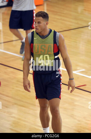 ***PHOTO*** Blake Griffin condamné à payer 250 000 dollars pour la pension alimentaire mensuelle Las Vegas, NV - 26 juillet : Blake Griffin photographié au cours de la première journée de Team USA Basketball mini camp à l'Université du Nevada, Las Vegas le 26 juillet 2018. Credit : mpi34/MediaPunch Banque D'Images