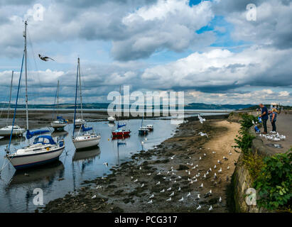 Cramond, Édimbourg, Écosse, Royaume-Uni, 2 août 2018. Météo France : Après-midi de soleil dans le petit village sur la côte d'Édimbourg avec un couple d'oiseaux de se nourrir et de voiliers amarrés dans l'estuaire de la rivière Banque D'Images