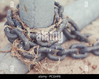 Plan Macro sur old rusty metal chaîne de fer de fonte avec la vieille algue séchée enroulée autour d'aluminium gris poster sur le sable du lac mer océan, tonique avec insta Banque D'Images