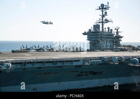 La Marine américaine un E-2C Hawkeye avion piloté par le Cmdr. Przemyslaw Kaczynski, de premier plan, le nouveau commandant de l'Escadron aéroporté de détection lointaine de l'opérateur (VFF) 126, les mouches à côté d'un EA-18G Growler avion piloté par le capitaine George Wikoff, commandant de l'Escadre aérienne de transporteur (CVW) 3, au cours d'une cérémonie de passation de commandement aérien sur le porte-avions USS Harry S. Truman (CVN 75) Mars 18, 2014, dans le golfe d'Oman. Kaczynski soulagé la Cmdr. John Hewitt durant la cérémonie. Le Harry S. Truman Strike Group a été déployée à la 5e Flotte américaine en charge de la sécurité de la zone de responsabilité travaillé Banque D'Images