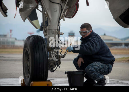 NAVAL AIR FACILITY ATSUGI, au Japon (31 déc. 17, 2015) --électricien Aviation 3e classe Quentin Collins, affecté à l'Escadron d'approvisionnement logistique de la flotte (RVC) Détachement 30 5 Ligne Shack, manteaux la roue-bien d'un C-2 Greyhound au cours d'un avion de grande eau. La ligne Shack est responsable de maintenir les deux de RVC 30 det. 5 avions et s'assurer qu'ils sont propre et prêt pour le vol. Banque D'Images
