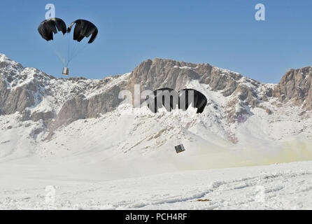 Palettes de fournitures passé d'une M-28 avion camionneur tombent au sol au cours d'une baisse de l'offre de routine Shah Joy district, province de Zabul, Afghanistan, le 24 février. Les parachutages sont une façon courante pour réapprovisionner les forces d'opérations spéciales de la coalition dans les zones reculées de l'Afghanistan. Banque D'Images