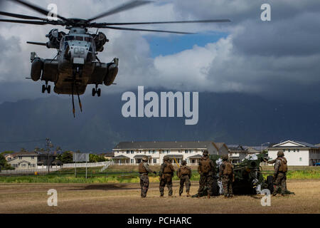 180729-M-GN053-0083 MARINE CORPS BASE HAWAII (29 juillet 2018) Les Marines américains préparer un M777A2 155 mm Howitzer remorqué pour être levé par un Corps des Marines américains CH-53E Super Stallion joint à l'Escadron d'hélicoptères lourds Marine (HMH) 463 au cours d'un débarquement amphibie démonstration à Pyramid Rock Beach dans le cadre de l'exercice RIMPAC sur base du Corps des Marines Hawaii 29 Juillet, 2018. RIMPAC fournit une formation de valeur pour la tâche organisé, hautement capable air-sol marin Task Force et améliore la capacité d'intervention de crise critique de Marines américains dans le Pacifique. Vingt-cinq nations, 46 navires, 5 sous-marins, à propos de Banque D'Images