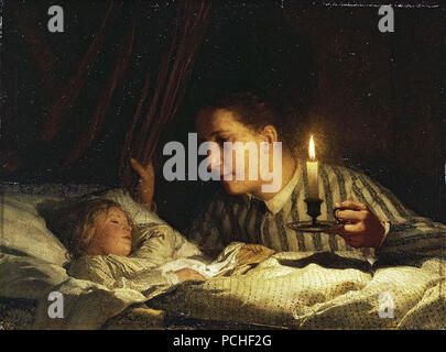 Albert Anker - Junge Mutter bei Kerzenlicht ihr schlafendes type betrachtend. Banque D'Images