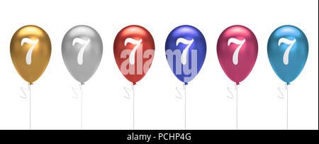 Numéro 7 ballons anniversaire collection or, argent, rouge, bleu, rose. Le Rendu 3D Banque D'Images