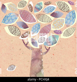 Résumé de la chute des arbres décoratifs stylisés. Collage du feuillage de la peinture. Configuration des lames. Les éléments dessinés à la main, pour la conception, cartes, illustrations, de l'artisanat, arts, br Banque D'Images