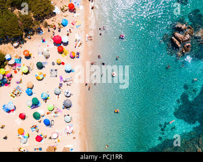 Vue de dessus, vue aérienne d'une émeraude et transparente mer Méditerranée avec une plage blanche pleine de parasols et des touristes qui se détendre et de swi Banque D'Images