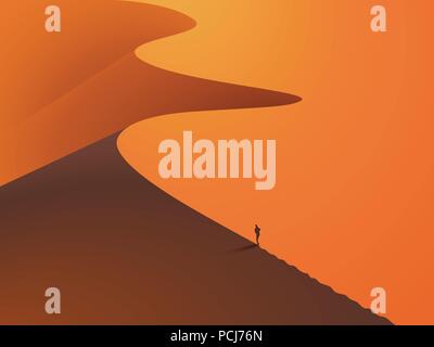 Dans un désert de dunes avec un homme au premier plan. Paysage au coucher du soleil. Vector EPS 10 Illustration de Vecteur