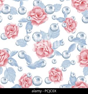 L'Aquarelle transparente floral pattern. Fleurs et perles Banque D'Images