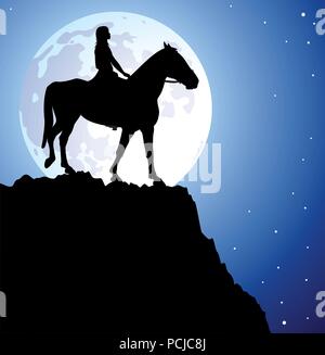 Vector illustration d'une fille sur le cheval au sommet de la montagne et d'une lune Illustration de Vecteur