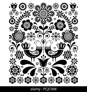 L'art populaire mignon scandinave décoration vectorielle avec oiseaux et fleurs, noir et blanc marine scandinave modèle floral Illustration de Vecteur