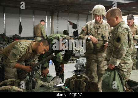 Le VRD de fantassin, 2e Escadron, le 104e régiment de cavalerie, 56e Stryker Brigade Combat Team, New York National Guard et lituanienne des soldats effectuent un contrôle des fonctions pour le M110 Système de Sniper semi automatique. Avec les soldats des forces canadiennes et lituaniennes PNG avec l'utilisation du système intégré de prises à parties multiples au laser, qui simule une incendie, force, c.-à-d en formation de combat bataille au Centre National d'entraînement à Fort Irwin, ca le 1er août. Le Pennsylvania Garde nationale et Forces armées lituaniennes font partie d'un partenariat de 25 ans. (US Army National Guard photo par le Sgt. Claire A. Banque D'Images