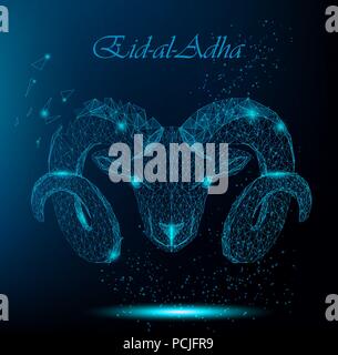 Fête musulmane d'Eid al-Adha. Ram polygonale de Kurban Bayrami. Mois Sacré. Vector illustration sur fond bleu foncé avec des mots d'accueil en haut Illustration de Vecteur