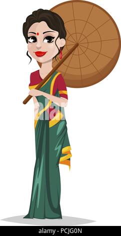 Indian girl with umbrella. Belle Dame en vêtements traditionnels. Utilisable pour le Pongal, Onam, Lohri et autres fêtes indiennes. Vector illustration sur whi Illustration de Vecteur