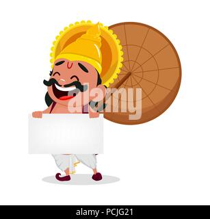 Onam célébration. Le roi Mahabali holding blank placard, joyeux personnage. Heureux Onam Festival à Kerala. Vector illustration Illustration de Vecteur