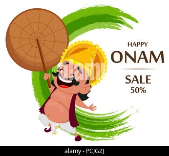 Onam célébration. Le roi Mahabali holding umbrella, joyeux personnage. Heureux Onam Festival à Kerala. Vector illustration en vente sur abstract Illustration de Vecteur