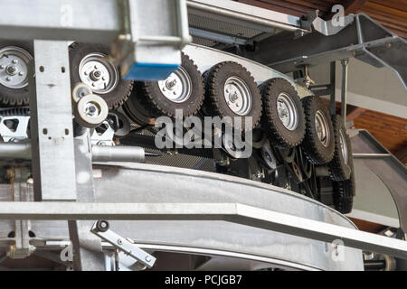 L'arabette, Saxe-Anhalt, Allemagne 23 Juillet., 2018 : poulies pneu en caoutchouc à la station de montagne d'un téléphérique dans les montagnes du Harz. Banque D'Images