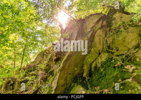Les roches de granit dans la vallée de Bodetal lumineux avec une canopée de feuilles dans l'arrière-plan, contre la lumière du soleil. Banque D'Images