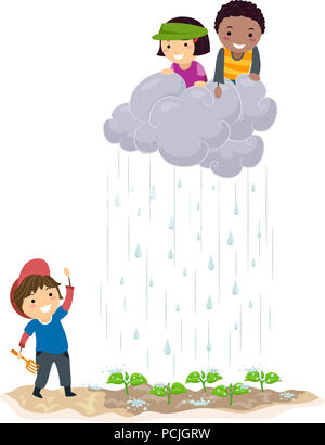 Fantasy Illustration de Stickman Enfants équitation un nuage de pluie arroser les plantes dans le jardin Banque D'Images