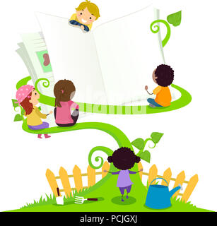 Illustration de Stickman Kids lire un livre ouvert Assis dans les vignes dans le jardin Banque D'Images