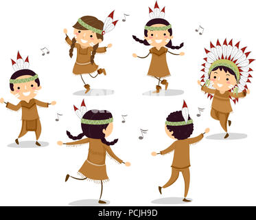 Illustration de la Native American Stickman Kids danser dans le cercle de la musique Banque D'Images